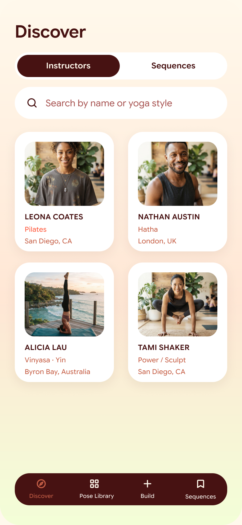 Discover screen listing instructors